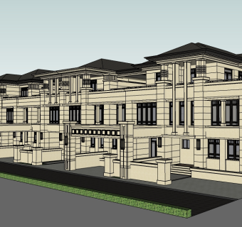 欧式连排别墅su模型免费下载，sketchup别墅草图大师模型