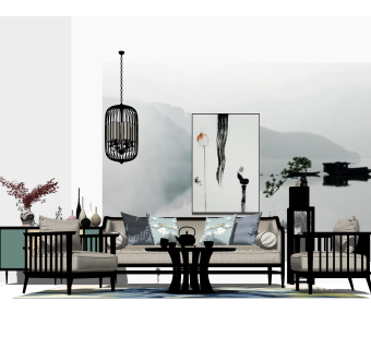 新中式沙发组合su模型，新中式沙发组合skp模型下载