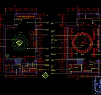 餐厅圆桌小包间施工图，包间CAD布置图