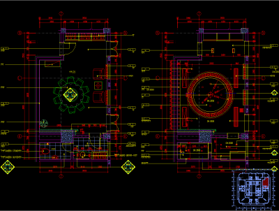 餐厅圆桌小包间施工图，包间CAD布置图