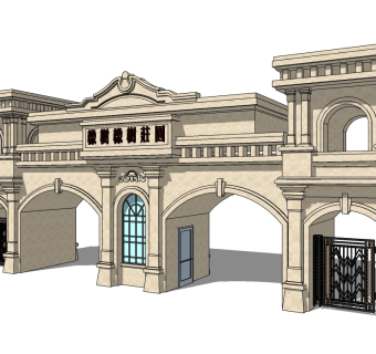 欧式入口大门SU模型下载，入口大门草图大师模型分享