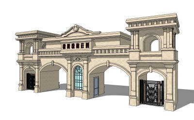 欧式入口大门SU模型下载，入口大门草图大师模型分享