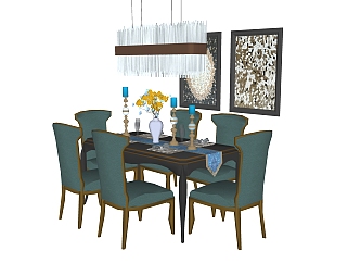 美式餐桌椅sketchup模型，家庭用餐桌<em>长</em>桌子su模型下载