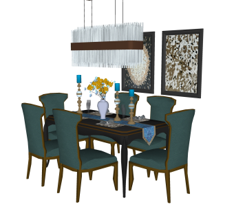 美式餐桌椅sketchup模型，家庭用餐桌长桌子su模型下载
