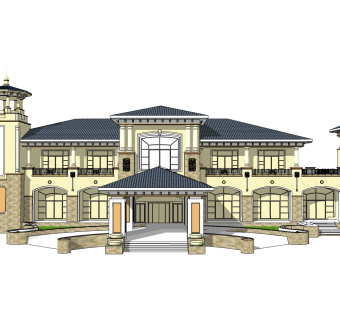 欧式售楼处建筑方案草图大师模型，售楼部建筑沙盘sketchup模型免费下载