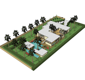 现代独栋泳池别墅草图大师模型，别墅SU模型下载