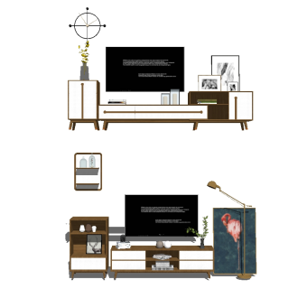 北欧实木电视柜组合su模型，电视柜草图大师模型下载