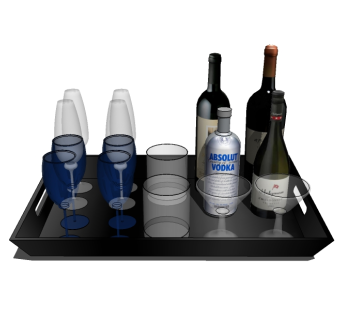 现代酒瓶酒杯托盘草图大师模型，餐具sketchup模型下载