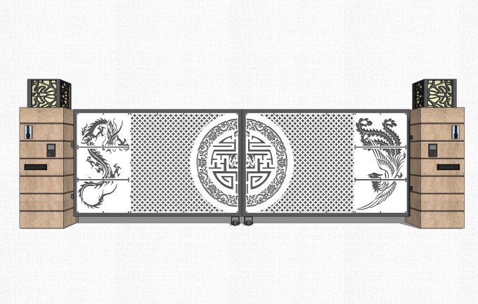 新中式铁艺大门草图大师模型，院门大门sketchup模型免费下载