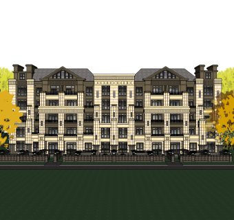 新古典连排别墅su模型下载，sketchup别墅草图大师模型