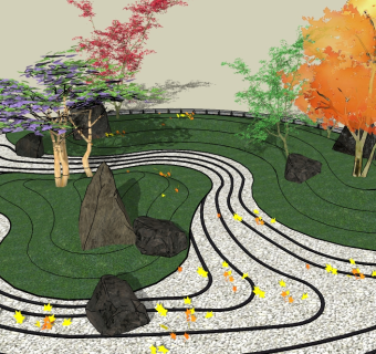 日式庭院景观小品su模型、枯山水草图大师模型下载
