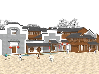 中式徽派建筑草图大师模型，古建民俗sketchup模型免费下载