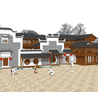 中式徽派建筑草图大师模型，古建民俗sketchup模型免费下载