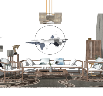 新中式实木沙发组合su模型，沙发组合sketchup模型下载