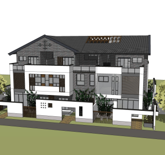 新中式徽派建筑草图大师模型，古建民俗sketchup模型免费下载