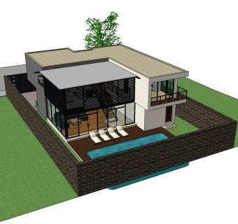 独栋泳池别墅草图大师模型，别墅SU模型下载