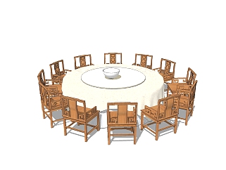 新中式宴会餐桌椅免费su模，宴会餐桌椅skp模型下载