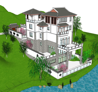 中式别墅建筑草图大师模型，古建民俗sketchup模型免费下载