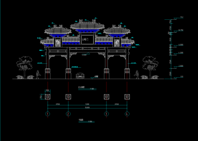 四柱七楼牌楼CAD施工图，牌楼CAD图纸下载