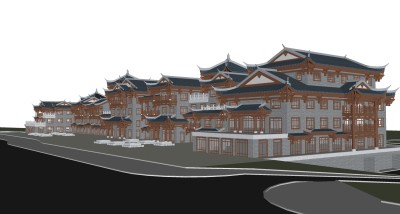 仿宋商业街草图大师模型下载，古建民俗sketchup模型分享