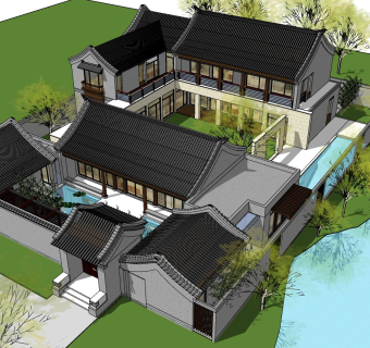 中式别墅庭院su模型下载、中式别墅庭院草图大师模型下载