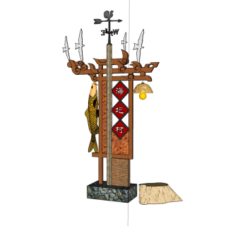 渔文化雕塑小品草图大师模型，渔文化小品SU模型下载