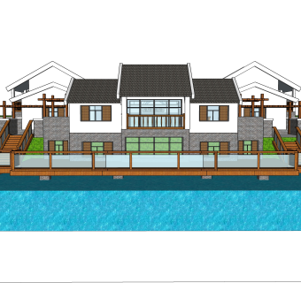 新中式独栋别墅草图大师模型，sketchup别墅su模型下载
