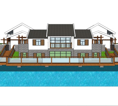 新中式独栋别墅草图大师模型，sketchup别墅su模型下载