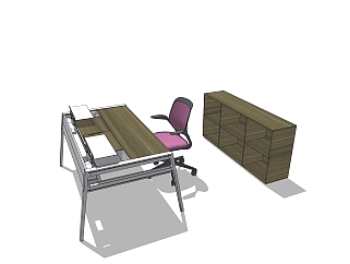 现代简约班台桌su模型，班台桌skp模型下载