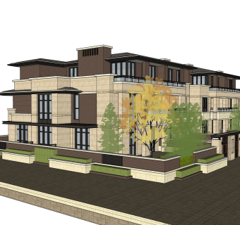现代连排别墅su模型下载，sketchup别墅草图大师模型