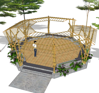 现代廊架草图大师模型，竹制廊架su模型下载