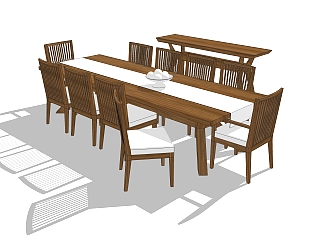 现代实木餐桌椅su模型，长餐桌家庭用餐桌草图大师模型下载