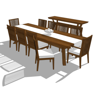 现代实木餐桌椅su模型，长餐桌家庭用餐桌草图大师模型下载