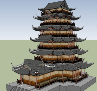 中式塔楼免费su模型、景观塔楼草图大师模型下载