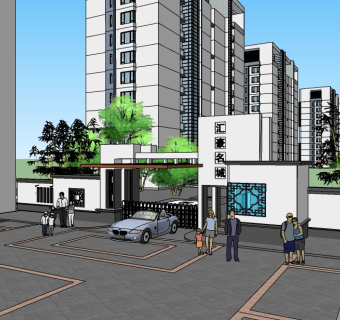 新中式小区大门草图大师模型，小区大门SU模型下载