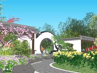 中式公园<em>戏台</em>景观设计草图大师模型，景观sketchup模型