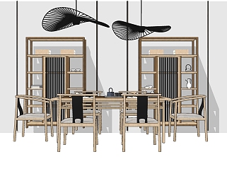 中式餐桌椅组合su模型， 餐桌sketchup模型下载