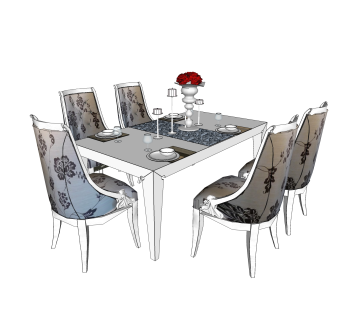 欧式实木餐桌椅su模型，欧式餐桌客厅桌草图大师模型下载