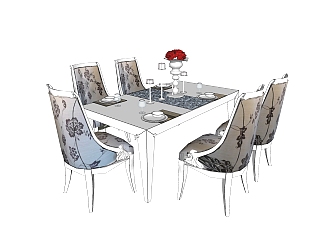 欧式实木餐桌椅su模型，欧式餐桌客厅桌草图大师模型下载