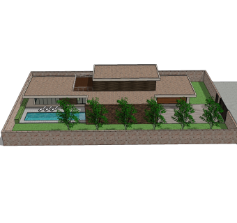 现代独栋泳池别墅草图大师模型，别墅SU模型下载