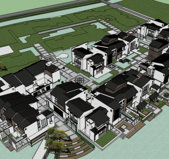 新中式别墅区规划免费su模型下载、别墅区规划草图大师模型下载