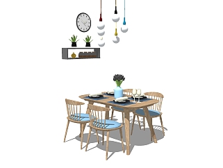 北欧实木餐桌椅组合su模型，餐桌sketchup模型下载