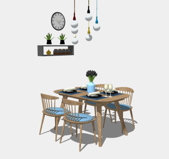 北欧实木餐桌椅组合su模型，餐桌sketchup模型下载