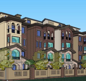 欧式连排别墅su模型免费下载，sketchup别墅草图大师模型