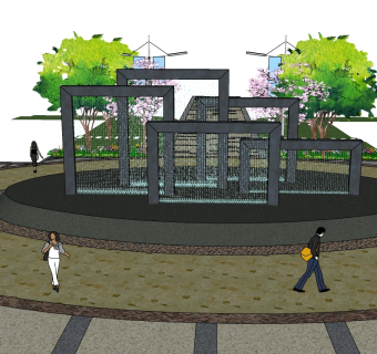 中式景观墙skp文件下载，景观墙SU模型