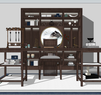 新中式实木书桌椅书柜su模型，书桌sketchup模型下载