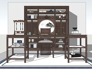 新中式实木书桌椅书柜su模型，书桌sketchup模型下载