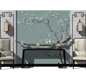 新中式背景墙草图大师模型，背景墙sketchup模型下载