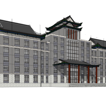 中式办公楼草图大师模型，办公楼sketchup模型免费下载