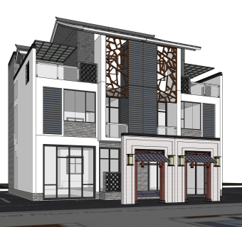 新中式独栋别墅草图大师模型，sketchup别墅su模型下载